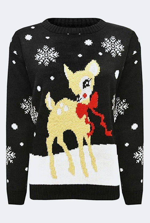 Womens Knitted Baby Deer Christmas Jumper