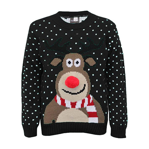 Children Knitted Rudolph Poom Poom Christmas Printed Jumper